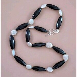 Vintage Donna Dressler Necklace Sterling Silver Clasp Onyx Coin Pearls 22"